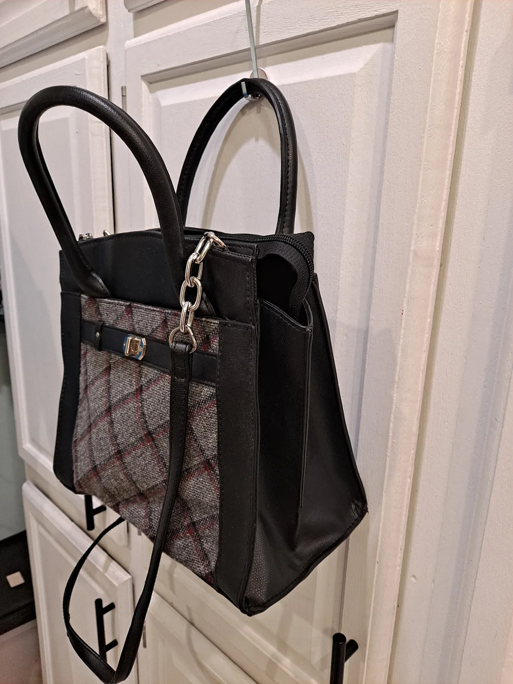 No Boundaries Y2k Rare Black Satchel w/Gray Red Plaid Tweed Panel Mixed Textiles